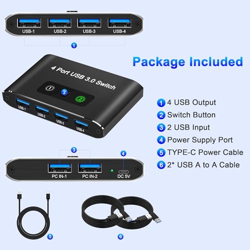 Image of USB Switch, USB Switcher 2 Computers, USB 3.0 Switch Sharing 4 USB Devices KVM Switcher Box for PC, Printer, Scanner, Mouse, Keyboard with 2 Pack USB Cable, Compatible with Mac /Windows /Linux
