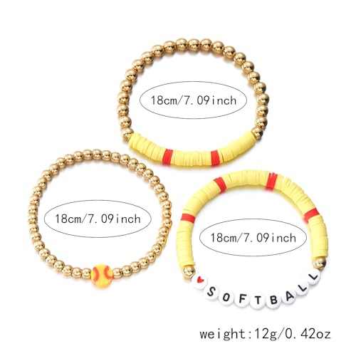 3Pcs Dainty Football Soccer Baseball Basketball Rugby Volleyball Polymer Clay Beaded Charm Bracelets Handmade Gold Beaded Sports Ball Stretch Bracelet for Women Men Sports Team Jewelry Gift2