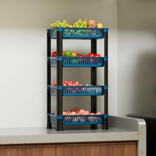 Image of Plastic Kitchen Rack, Multipurpose Vegetable & Fruit Storage Basket Organizer for Home, Pantry & Kitchen - Strong & Easy to Assemble (4 Layer, Blue)