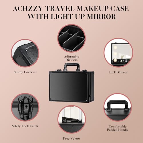 Achzzy Makeup Train Case: 14-inch Makeup Bag with LED Mirror, Infinitely Adjustable and 3 Color Scenarios Brightness, Customizable Dividers, Precision Detailing - Your Ideal Makeup Case Organizer - Thumbnail 5