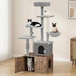 Litter Box Enclosure Cat Tree, Tall Cat Tower for Indoor Cats, All-in-One Modern Cat Condo, Hidden Litter Box Enclosure Furniture, with Cat House, Sisal Posts, Greige and White 140Cm
