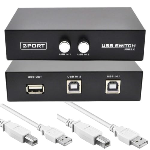XIKKART USB Switch, Printer Sharing 2 Ports USB Switcher, USB 2.0 Selector Switch for PC Sharing Switch Box with 2 Printer Cable for PC Computer Scanner Printers Projector Camera and Keyboard