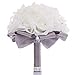 TRUE LOVE GIFT Wedding Bouquet, Bridesmaid Toss Bouquet Hand Made Artificial Rose Flowers Diamond Satin Bride Bouquets for Wedding, Engagement Valentine's Day Decor (Grey)
