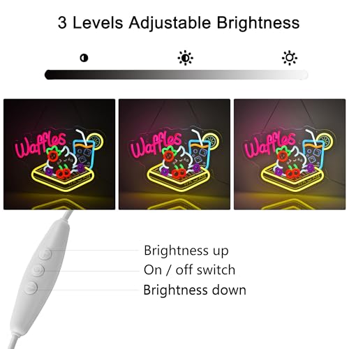 Image of Waffles Neon Sign, Neon Lights Hanging Wall Art Decoration for Store Retail Shop Market Grocery Bakeries Dessert Cafe Celebration Home Decor,USB Powered Ultra Bright Dimmable,15.75x11.8inches
