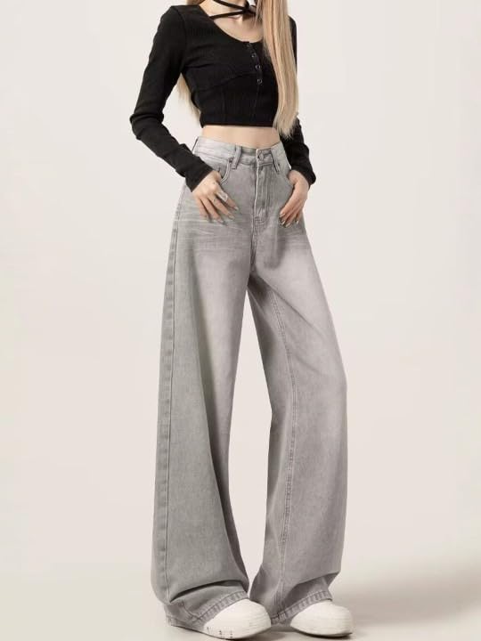 Image of KOTTY Women Trendy Wide Leg Jeans High Waist Baggy Fit Denim Streetwear Jeans