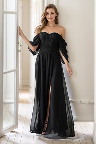 Fair Lady Bridesmaid Dresses for Women Long Chiffon Ruffle Off The Shoulder Formal Evening Party Gowns with Slit2
