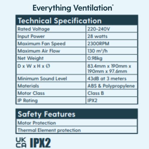 Everything Ventilation IPX2 Bathroom Extractor Fan with Backdraft Shutters & Adjustable Electronic Timer, White, 100mm - Image 4