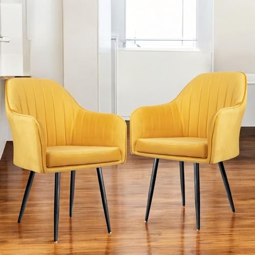 Image of Set of 2 Accent Chair for Living Room | Modern Armchair in Soft Velvet Fabric with Sturdy Legs | Premium Chair for Home Living Room Bedroom Restaurent | (Black Legs, Yellow)