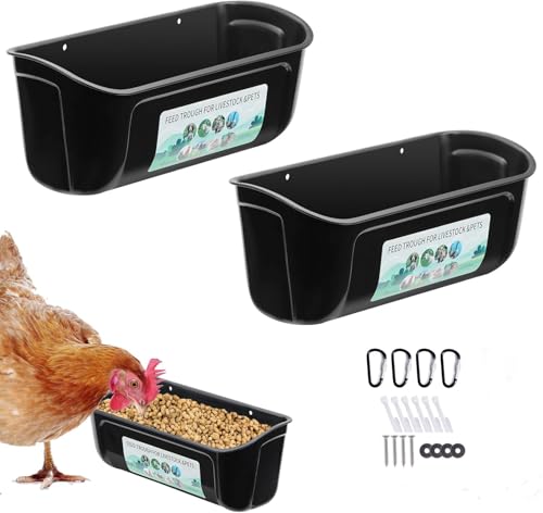 2 Pack Chicken Duck Dog Feeder, Poultry Feeders and Waterers, Hanging Goat Feeder, Livestock Feeding Container, Feed Trough and Waterer Bucket with Clips (Black)