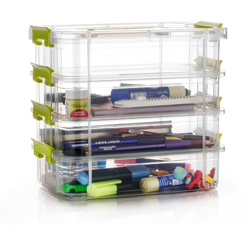 Image of plastic boxes for Storage transparent boxes for storage, Portable & Stackable Space Saving Organiser with Lid for Medicine, Jewelry, Arts & Crafts, Buttons, Beads (Green, 4 TIER)