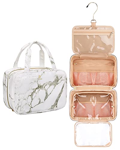Relavel Toiletry Bag, Travel Hanging Toiletry Bag for Men and Women, Leather Water-resistant Makeup Cosmetic Bag Travel Organizer for Toiletries, Shampoo, Full Sized Container Travel Bag Marble
