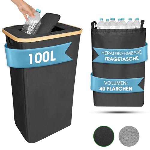 Bohoff - Pfandflaschen Sammelbehälter - Pfandbehälter mit selbstschließendem Flipdeckel und praktischer Innentasche (Schwarz)