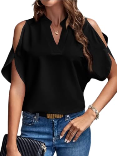 Pkabogbi Women's Cold Shoulder Tops Summer Fashion Short Sleeve V