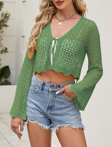 Image of Women's Soft Crochet Tie Front Cardigan Cropped Knit Bolero Shrug Summer Beach Cover Up Top