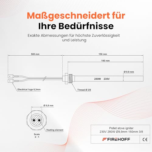 Zündstab für Pelletofen – 280 W, 140 mm, Ø 9,9 mm, 3/8” Gewinde, mit isolierten Flachsteckern 6,3 mm (männlich) – 2 Jahre Garantie – Made in Italy