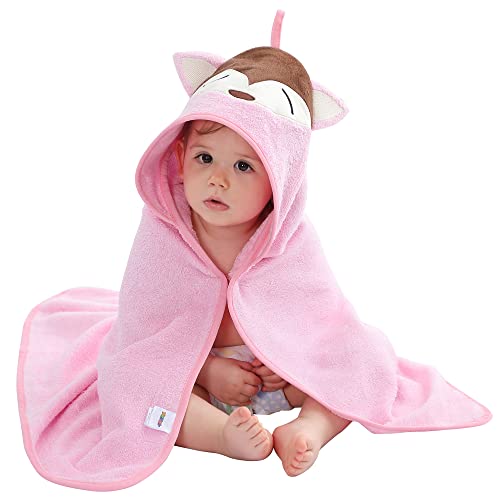 MICHLEY Bamboo Viscose Baby Hooded Bath Towel for Boys and Girls, 29.5 x 29.5 Inch Ultra-Soft and Quick-drying Infant Bath (Pink Fox)