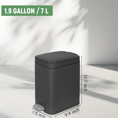 Image of rejomiik Small Bathroom Trash Can with Lid Slim Soft Close Garbage Can Step Wastebasket Container Trash Bin for Office Bedroom Kitchen Living Room (1.9 Gallon Dark Gray)