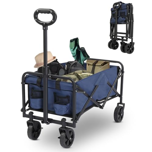 LEADZM Chariot à roulettes Tout Terrain, Poignée Réglable,Chariot de Plage Pliable pour Extérieur Camping Festival,Courses,Jardin avec Jusqu’à 100KG - Bleu