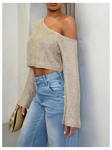 Milumia Women's Glitter Off The Shoulder Crop Sweater Long Sleeve Knitted Party Club Tops2