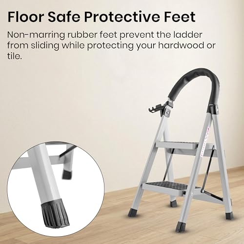 Image of Casa Copenhagen White 2 Step Ladder for Home Use with Built-in Tool Tray | Heavy Duty D Shape Rods | Ultra Large Platform | Wide Rubber Feet | 150Kg Capacity Foldable Ladder - 7 Years Warranty