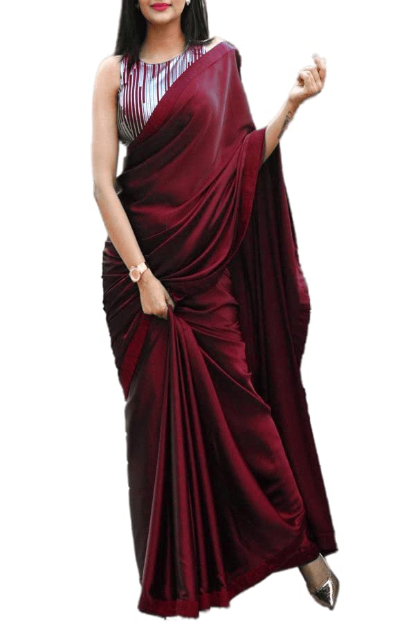 BE4ME.COMWomen's Partywear Satin Silk Saree - Matching Plain Bridesmaid Partywear