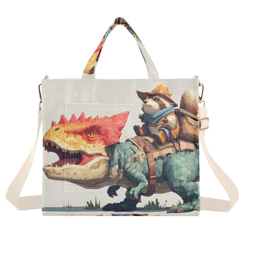 Women Tote Bag Raccoon and Dinosaur Print, Corduroy Fabric Shoulder Handbags with Detachable Strap S
