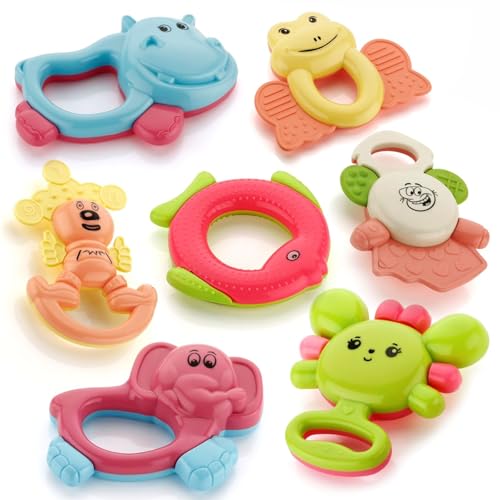 Image of Cable World Bath Toy Infant Colourful Plastic Non Toxic Set of 7 Attractive Big Size Rattles and Teathers, Bath Toy for Kids, New Borns, Baby