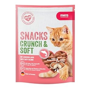 MERA Crunch & Soft mit Lachs, 200g köstliche Katzen Leckerlies, nahrhafter Katzensnack voller Vitamine und Mineralien, krosse Kissen mit cremiger Füllung