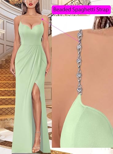 Image of VFSHOW Womens Sexy Formal Ruched Fitted High Slit Bodycon Maxi Dress Spaghetti Strap Sweetheart Cocktail Prom Evening Gown