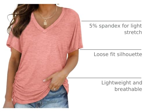 Image of WIHOLL Womens Summer T-Shirts Short Sleeve V Neck Dolman Tops with Side Shirring Loose Fit Shirts Spring Fashion