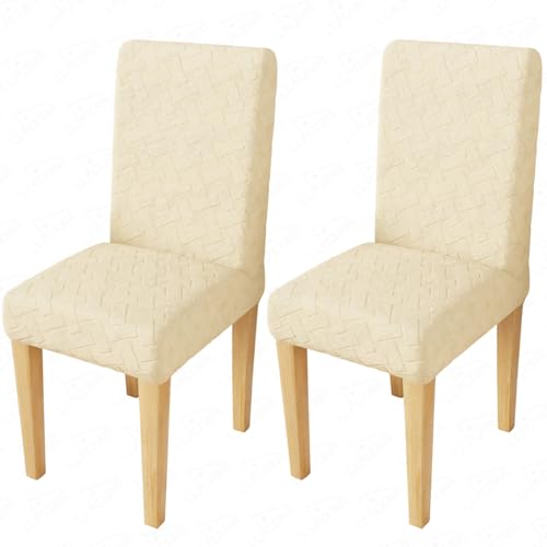 Lukzer Elastic Dining Chair Cover - 2PC Pastel Yellow Basket Weave | Textured High Stretch Jacquard Seat Cover | Removable Washable Short Dining Chair Cover Protector Seat Slipcover | (CC-112-02)