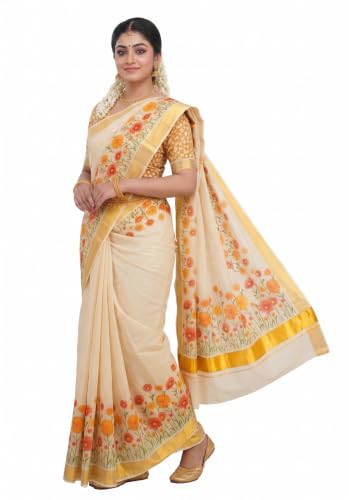 Image of Women's Mural Printed Kerala Gold Tissue Saree with Running Blouse Piece | Traditional South Indian Ethnic Saree for Festivals, Weddings & Special Occasions