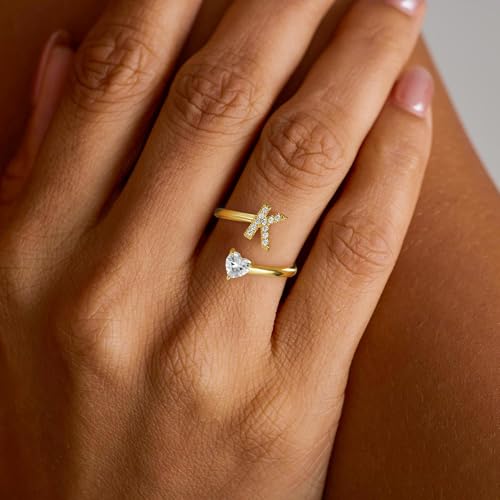 Initial Gold Rings for Girls Women - Dainty 14K Gold Plated Adjustable Letter A-Z Rings Teen Girls Gifts Trendy Stuff Heart CZ Initial Ring Teens Birthday Gift for Girls Non Tarnish4