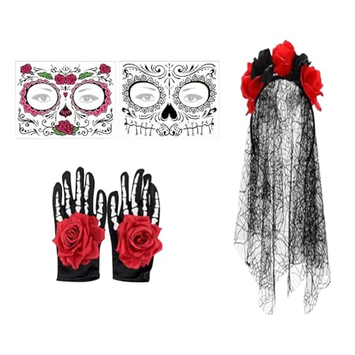 gifyym Disfraz del Día de los Muertos para mujer, tocado del Día de los Muertos para mujer, diadema floral de encaje negro, guantes, collar y calcomanías | Catrina Halloween, cosplay, fiesta