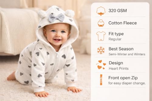 Image of BRANDONN Kids Baby Cotton Fleece Jumpsuit Romper Onesie Sleep Suit Hooded Semi Winter Zipper (White & Grey, Length 65 cm x Chest 35 cm, 12-18 Months)