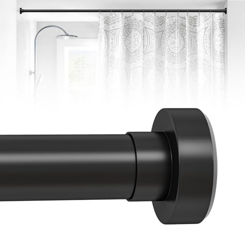 HTZON Black Shower Curtain Rod 18 to 49Inch:Small Spring Tension Shower Rods for Bathroom Kitchen Doorway Modern Heavy Duty Adjustable Tension Shower Curtain Rod No Drilling No-Slip Easy Install Black