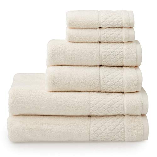 Welhome Hudson 100% Pure Organic Cotton 6 Piece Towel Set | Cream | Eco Friendly | Plush | Durable & Absorbent | Hotel & Spa Decorative Bathroom Towel | 651 GSM | 2 Bath 2 Hand 2 Wash Towels