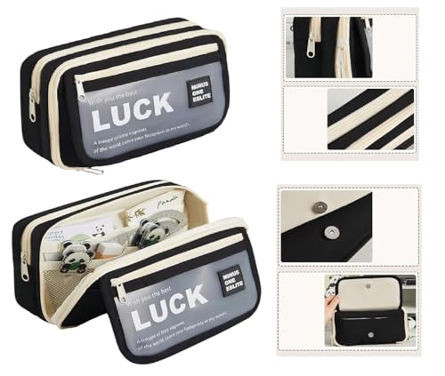 Image of Big Capacity 9-Layer Canvas Pencil Pouch for Boys & Girls, Multifunctional Visual Pouch for Stationery, Cosmetics, Accessories, College Essentials for Students, and Children's Gift (LUCK-Black color)