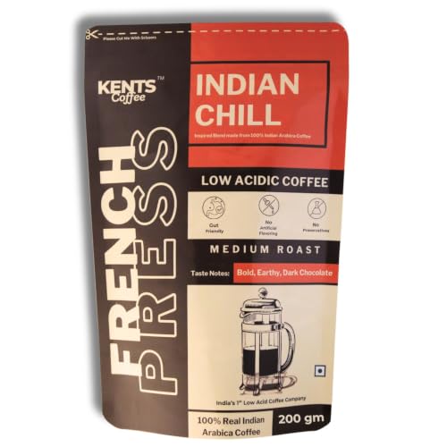 Image of Kents Coffee Indian Chill | LOW ACIDIC COFFEE | Best Medium Roast Arabica | Course Grind | For FRENCH PRESS Grind & Channi | Taste Bold & Earthy with Dark Chocolate Notes | 100% ARABICA | Premium Indian Coffee | Chikmangalur Single Estate Speciality Pouch | Choco & Strong Medium Roast Washed Arabica (200 g Pack)