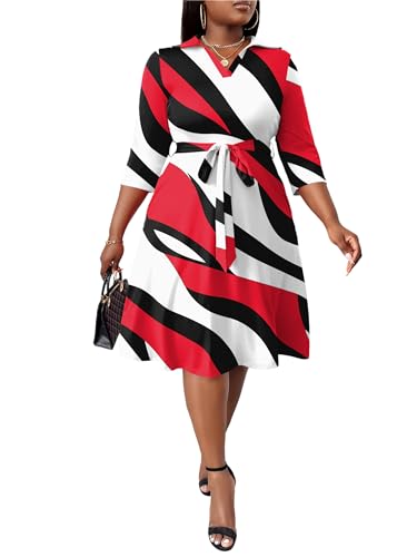 Image of FANDEE Plus Size Midi Dress for Women - Printing Summer Dresses for Wedding Guest Cocktail Party 3 /4 Sleeve V Neck(L-5XL)