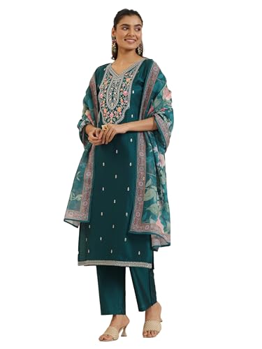 Image of Libas Embroidered Silk Blend Straight Kurta with Trouser and Dupatta | Ethnic Wear |Wedding Dress | Ocassion Wear