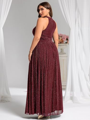 Image of Ever-Pretty Plus Women's Floor Length A-Line Halter Sleeveless Pleated Glitter Plus Size Formal Dress Evening Gown