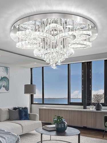 Flashing God W32 Modern Crystal Chandelier Crystal Flush Mount LED Ceiling Light Fixture for Living Room Foyer Dining Room Hallway Dimmable 2700k 4500k 6000k