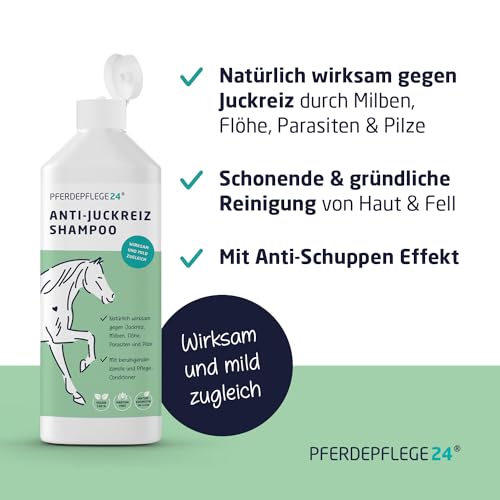 PFERDEPFLEGE24 Pferde Shampoo Anti Juckreiz 500ml - Juckreiz lindern & Haut regenerieren - Natürliches Pferdeshampoo gegen Milben, Pilz-, Floh & Parasiten