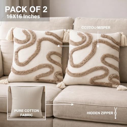 Image of RRC Boho Throw Pillows 16x16 Inch Set of 2 - Soft Mid Century Modern Decorative Pillow Covers, Aesthetic Cushion Cases for Couch, Sofa, Bed & Bedroom Decor (Multicolor, 16X16(Inches))