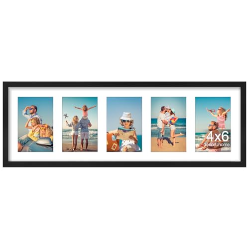 decorUhome 8x24 Picture Frames Collage Wall Decor, Display 5Pcs 4x6 Photos with Mat or 1Pcs 8x24 Unmatted, 5 4x6 Collage Picture Frames for Wall Mounting, Black