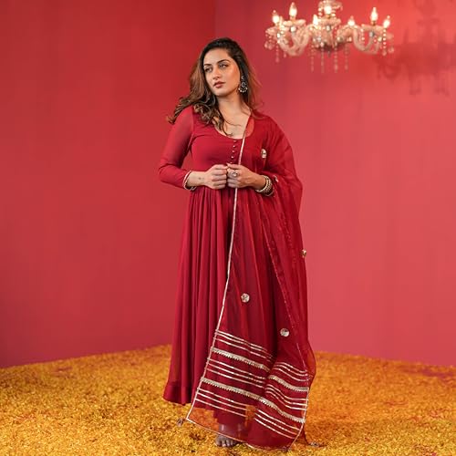 GoSriKi Anarkali Women's Plain Rayon Blend Kurta with Trousers and Dupatta