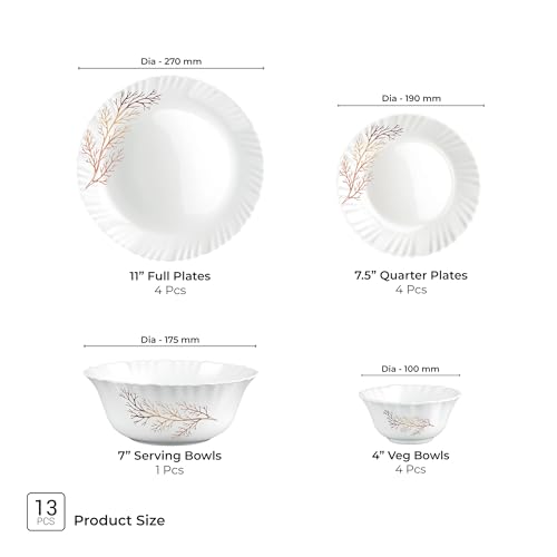 Image of Treo by Milton Opalware Aurelia Silvia Dinner Set of 13 | Serving for 4 | Microwave & Dishwasher Safe | Bone-Ash Free | Tempered Toughness | Plates & Bowls | Crockery Set for Dining & Gifting | White