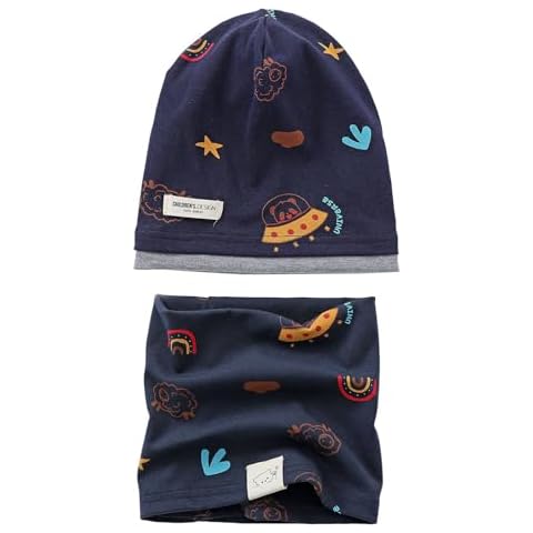 Kids Hat Scarf Set Cotton Baby Hat Neck Warmer Cartoon Beanie Children Skull Caps for Boys (Panda Spaceship x1) Cover