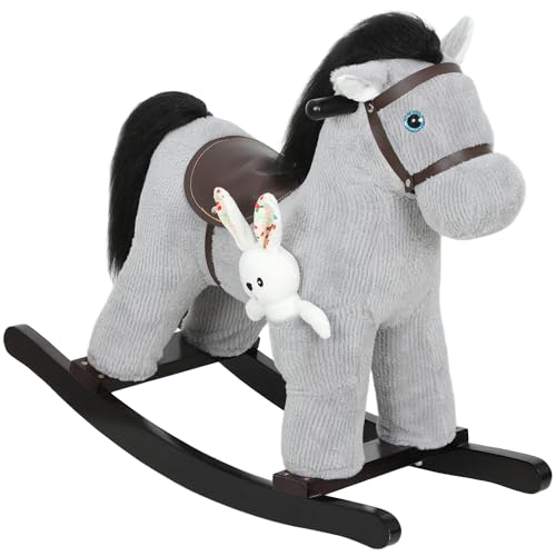 AIYAPLAY Cheval à Bascule pour Enfants avec Effet sonore, Jouet à Bascule bébé en Peluche, poupée et poignée, Cadeau pour Filles et garçons 2-5 Ans, Gris